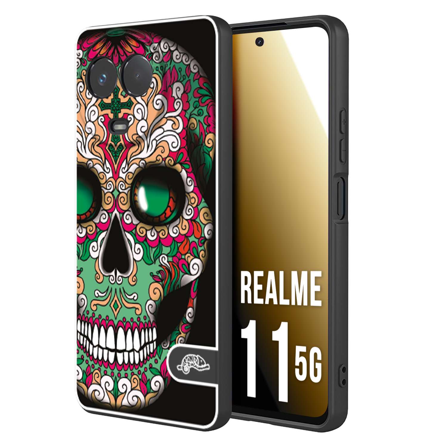 CUSTOMIZZA - Custodia cover nera morbida in tpu compatibile per Oppo Realme 11 5G teschio messicano Mexican skull verde fucsia