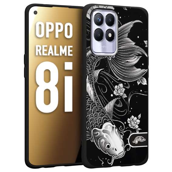 CUSTOMIZZA - Custodia cover nera morbida in tpu compatibile per Oppo Realme 8i carpa koi black and white bianco a rilievo disegnato tattoo tatuaggio