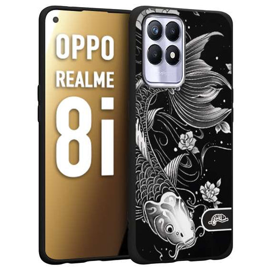 CUSTOMIZZA - Custodia cover nera morbida in tpu compatibile per Oppo Realme 8i carpa koi black and white bianco a rilievo disegnato tattoo tatuaggio