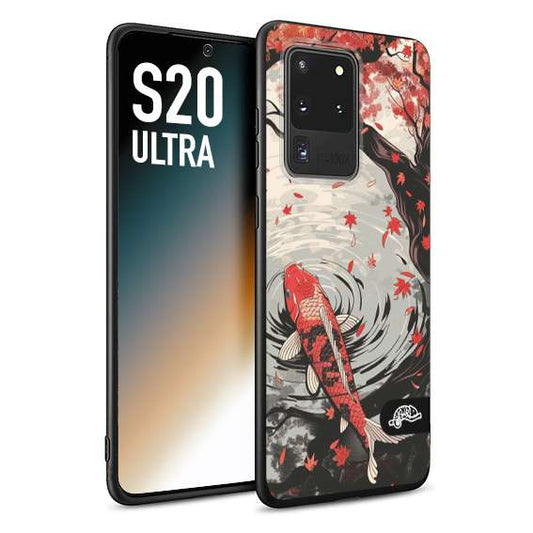 CUSTOMIZZA - Custodia cover nera morbida in tpu compatibile per Samsung S20 ULTRA giapponese lago carpa koi rossa con foglie d'acero rosso disegnata tattoo