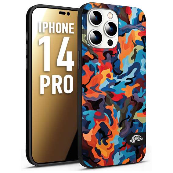 CUSTOMIZZA - Custodia cover nera morbida in tpu compatibile per iPhone 14 PRO camouflage mimetico militare moderno blu arancio rosso