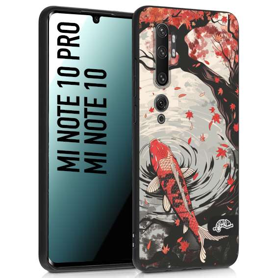 CUSTOMIZZA - Custodia cover nera morbida in tpu compatibile per Xiaomi Mi Note 10 - Mi Note 10 Pro giapponese lago carpa koi rossa con foglie d'acero rosso disegnata tattoo