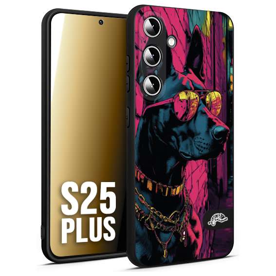 CUSTOMIZZA - Custodia cover nera morbida in tpu compatibile per Samsung S25 PLUS animali cyberpunk dobermann cane street dog fucsia blu