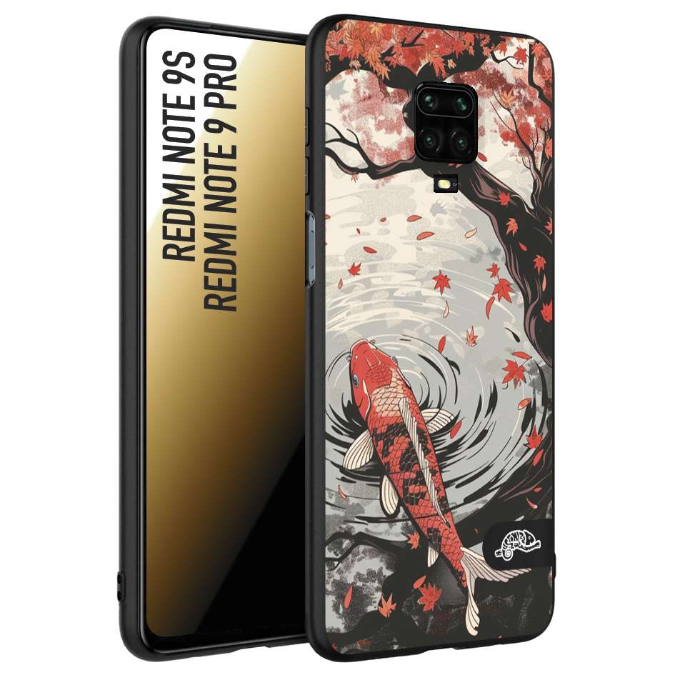 CUSTOMIZZA - Custodia cover nera morbida in tpu compatibile per Xiaomi Redmi Note 9S - Note 9 PRO giapponese lago carpa koi rossa con foglie d'acero rosso disegnata tattoo