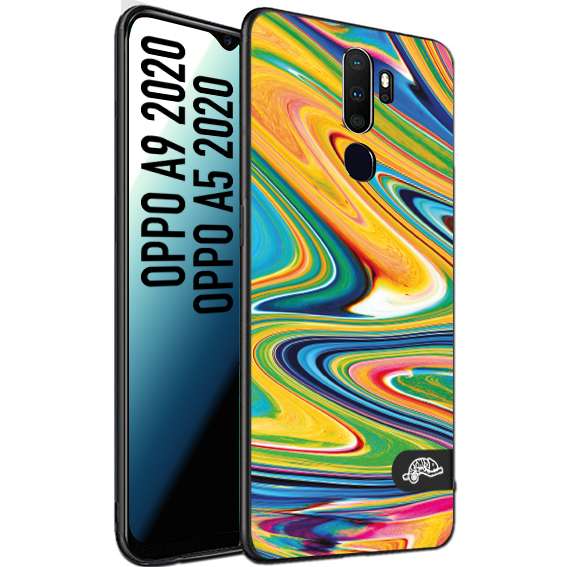 CUSTOMIZZA - Custodia cover nera morbida in tpu compatibile per Oppo A9 2020 - A5 2020 colorata fantasia vortice marmo arcobaleno gialla verde blu