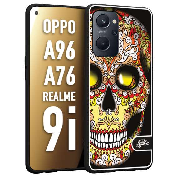 CUSTOMIZZA - Custodia cover nera morbida in tpu compatibile per Oppo Realme 9i - A96 - A76 teschio messicano Mexican skull giallo rosso arancio