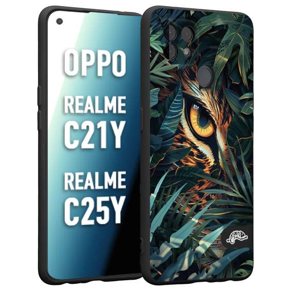 CUSTOMIZZA - Custodia cover nera morbida in tpu compatibile per Realme C21Y - C25Y animali color giungla tropicale occhio di giaguaro felino disegnato