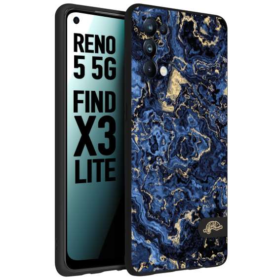 CUSTOMIZZA - Custodia cover nera morbida in tpu compatibile per Oppo Reno 5 5G effetto marmo marble blu venature dorato psichedelico