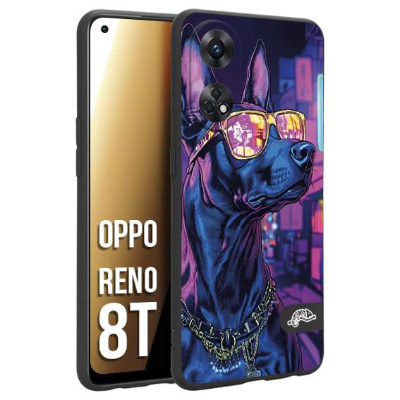CUSTOMIZZA - Custodia cover nera morbida in tpu compatibile per Oppo Reno 8T animali cyberpunk dobermann cane street dog fucsia blu night