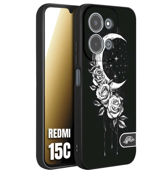CUSTOMIZZA - Custodia cover nera morbida in tpu compatibile per Xiaomi Redmi 15C luna e fiori moon flowers black and white bianco a rilievo disegnato