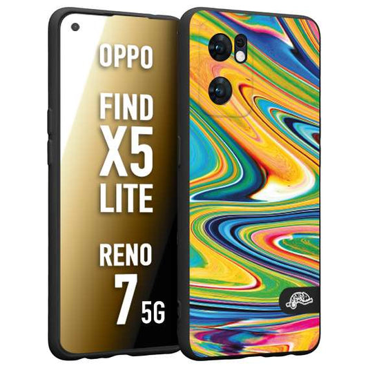 CUSTOMIZZA - Custodia cover nera morbida in tpu compatibile per Oppo Reno 7 - Find X5 LITE colorata fantasia vortice marmo arcobaleno gialla verde blu