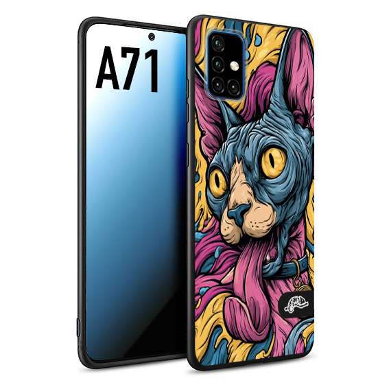 CUSTOMIZZA - Custodia cover nera morbida in tpu compatibile per Samsung A71 Sphynx Colorato Pop Art Psichedelico Gatto Blu Rosa Giallo Artistica Fantasy