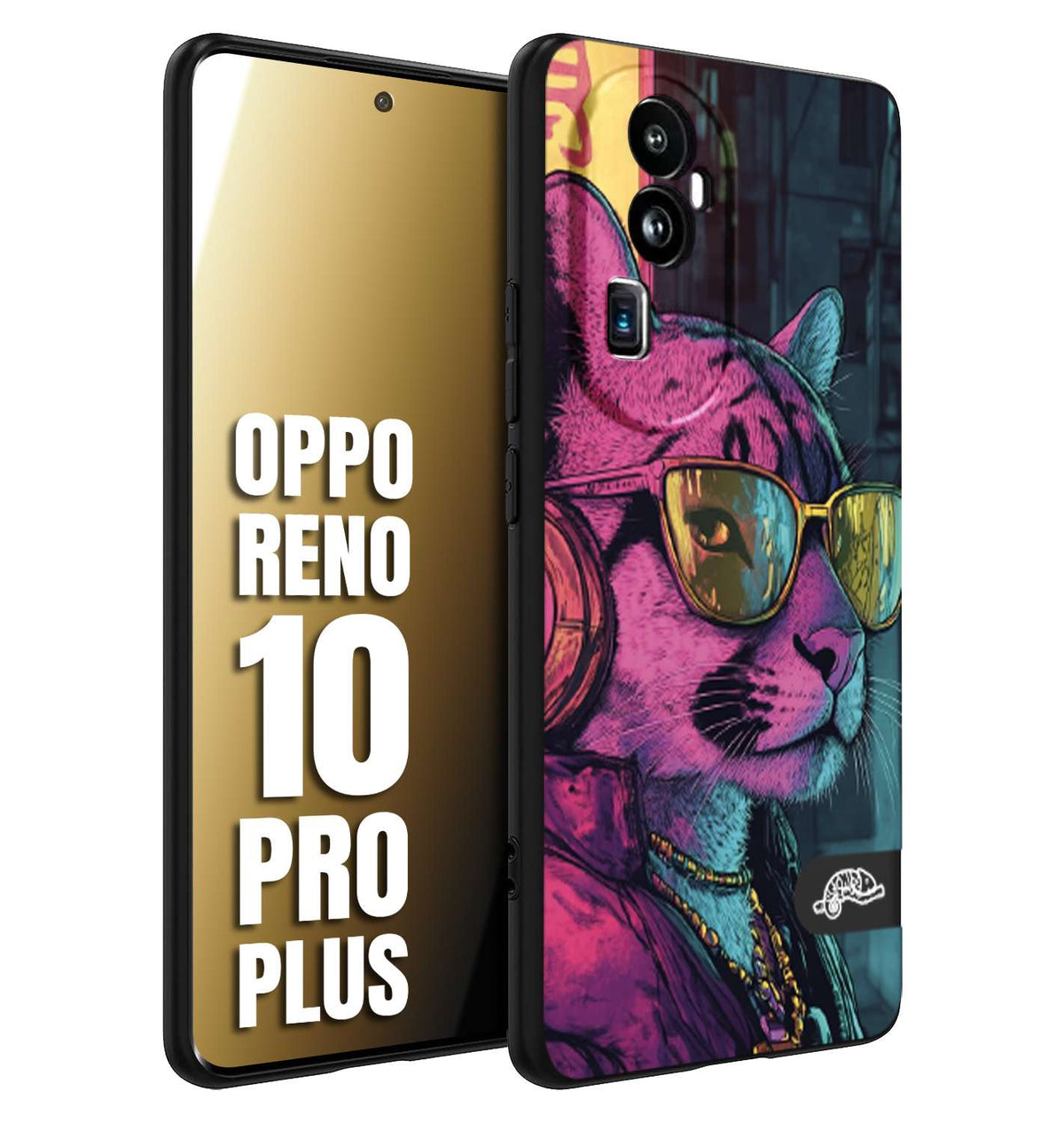 CUSTOMIZZA - Custodia cover nera morbida in tpu compatibile per Oppo Reno 10 PRO PLUS animali cyberpunk pantera street cat fucsia blu giallo