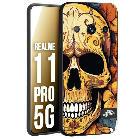 CUSTOMIZZA - Custodia cover nera morbida in tpu compatibile per Realme 11 PRO 5G teschio messicano colorato dorato fiori autunnali disegnato