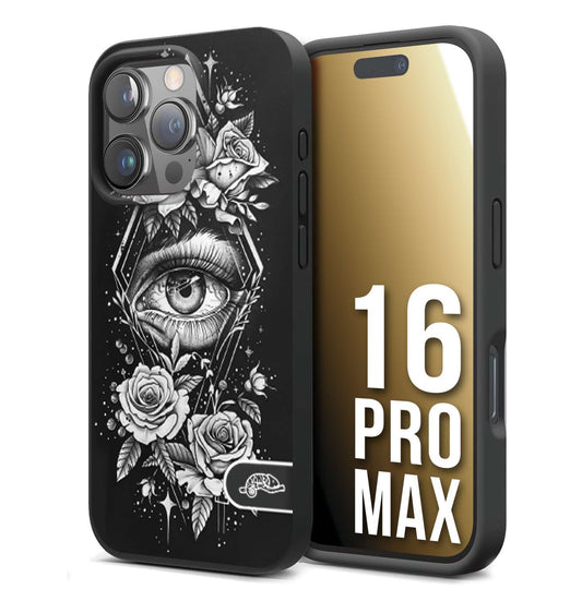 CUSTOMIZZA - Custodia cover nera morbida in tpu compatibile per iPhone 16 PRO MAX occhio fiori rombo geometrico black and white bianco a rilievo disegnato tattoo tatuaggio