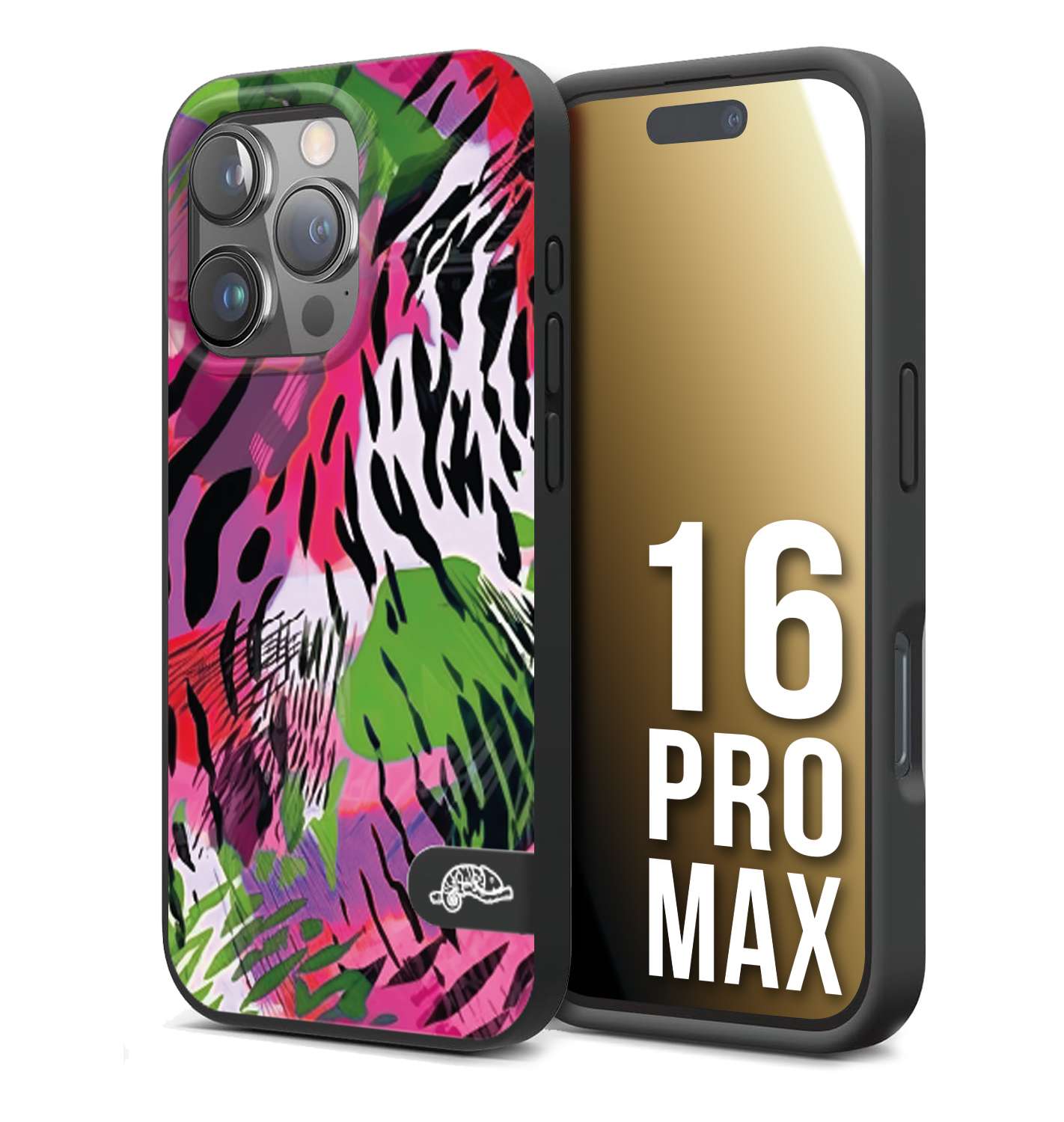 CUSTOMIZZA - Custodia cover nera morbida in tpu compatibile per iPhone 16 PRO MAX leopardato tigrato tiger colorata summer color verde fucsia