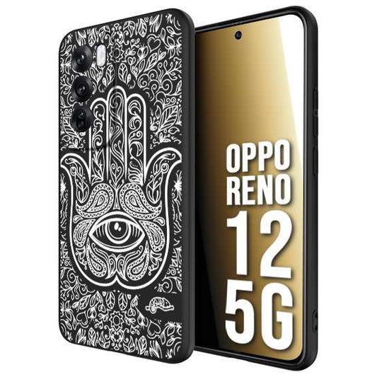 CUSTOMIZZA - Custodia cover nera morbida in tpu compatibile per Oppo Reno 12 5G mano di fatima effetto rilievo mandala donna