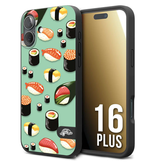 CUSTOMIZZA - Custodia cover nera morbida in tpu compatibile per iPhone 16 PLUS sushi disegni giapponese nighiri acquamarina verde