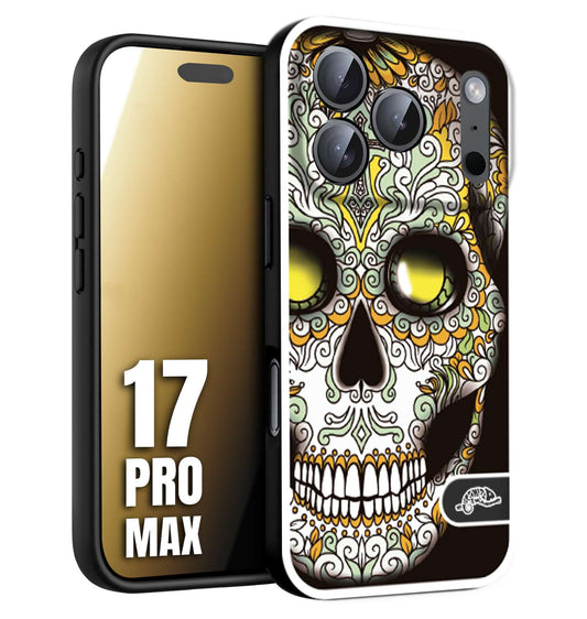 CUSTOMIZZA - Custodia cover nera morbida in tpu compatibile per iPhone 17 PRO MAX teschio messicano Mexican skull bianco verde giallo