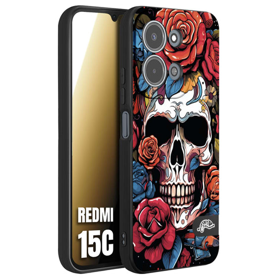 CUSTOMIZZA - Custodia cover nera morbida in tpu compatibile per Xiaomi Redmi 15C teschio skull flowers fiori rose rosse tattoo disegnato