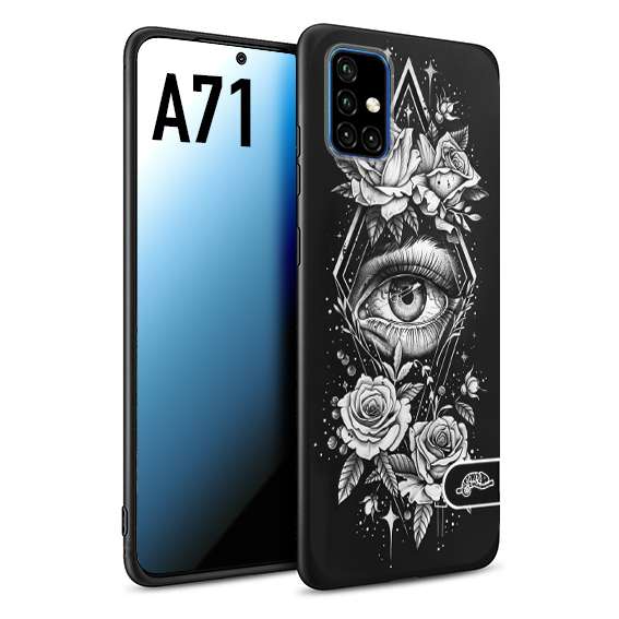 CUSTOMIZZA - Custodia cover nera morbida in tpu compatibile per Samsung A71 occhio fiori rombo geometrico black and white bianco a rilievo disegnato tattoo tatuaggio