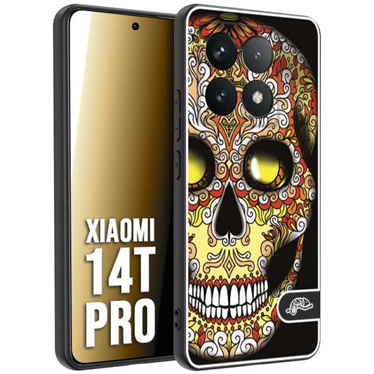 CUSTOMIZZA - Custodia cover nera morbida in tpu compatibile per Xiaomi 14T PRO teschio messicano Mexican skull giallo rosso arancio