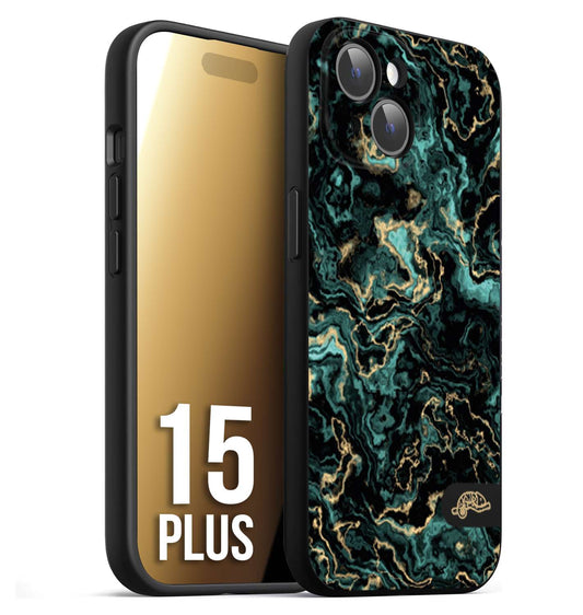 CUSTOMIZZA - Custodia cover nera morbida in tpu compatibile per iPhone 15 PLUS effetto marmo marble verde green venature dorato pietra