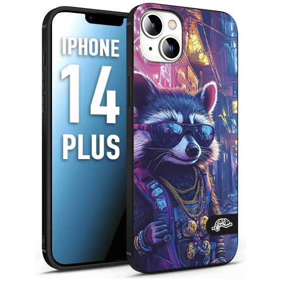 CUSTOMIZZA - Custodia cover nera morbida in tpu compatibile per iPhone 14 PLUS animali simpatici cyberpunk procione racoon street cat fucsia blu giallo