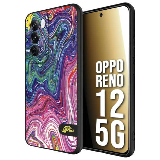 CUSTOMIZZA - Custodia cover nera morbida in tpu compatibile per Oppo Reno 12 5G colorata fantasia vortice marmo arcobaleno rosa blu fucsia