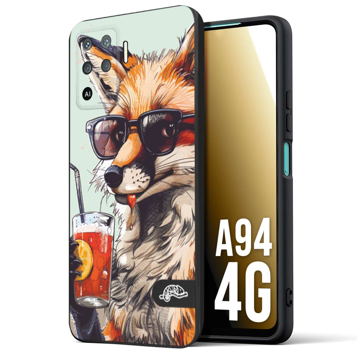 CUSTOMIZZA - Custodia cover nera morbida in tpu compatibile per Oppo A94 4G estate disegnata cocktails animali simpatici fox volpe negroni