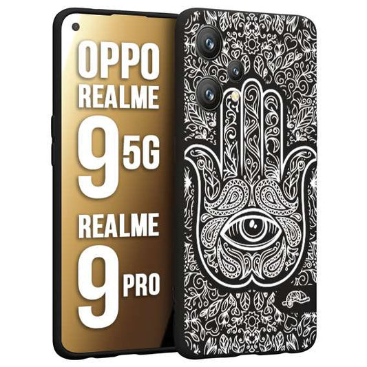CUSTOMIZZA - Custodia cover nera morbida in tpu compatibile per Oppo Realme 9 5G - 9 PRO mano di fatima effetto rilievo mandala donna