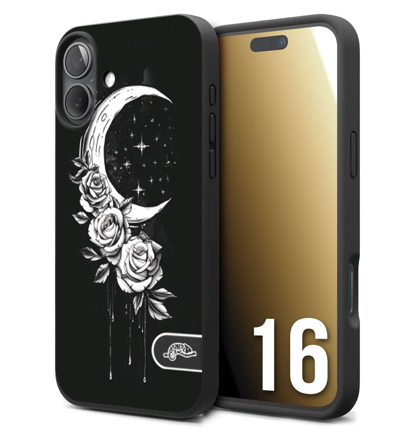 CUSTOMIZZA - Custodia cover nera morbida in tpu compatibile per iPhone 16 luna e fiori moon flowers black and white bianco a rilievo disegnato tattoo tatuaggio