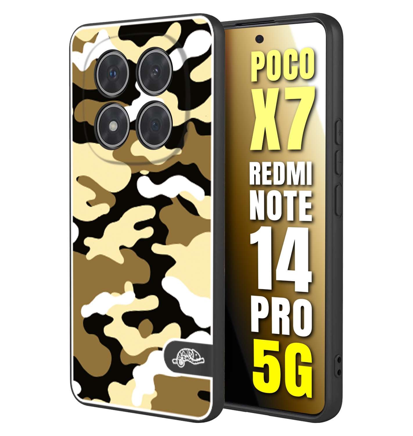 CUSTOMIZZA - Custodia cover nera morbida in tpu compatibile per Xiaomi Redmi Note 14 PRO 5G camouflage mimetico militare giallo desert brown
