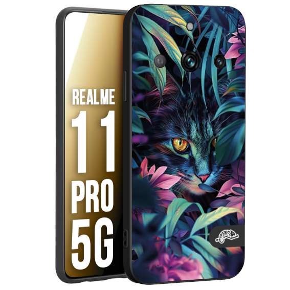 CUSTOMIZZA - Custodia cover nera morbida in tpu compatibile per Realme 11 PRO 5G animali color giungla tropicale occhio di gatto colori vibranti disegnato