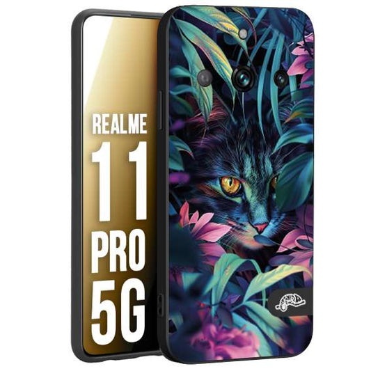 CUSTOMIZZA - Custodia cover nera morbida in tpu compatibile per Realme 11 PRO 5G animali color giungla tropicale occhio di gatto colori vibranti disegnato
