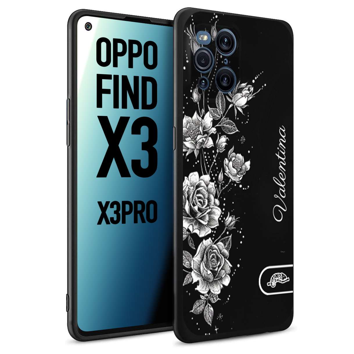 CUSTOMIZZA - Custodia cover nera morbida in tpu compatibile per Oppo Find X3 - Find X3 Pro 5G a rilievo soft touch personalizzata nome rose fiori donna