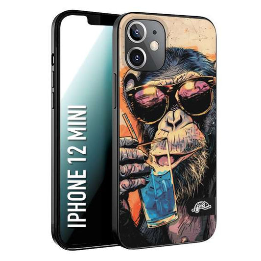 CUSTOMIZZA - Custodia cover nera morbida in tpu compatibile per iPhone 12 MINI estate disegnata cocktails animali simpatici scimmia monkey negroni