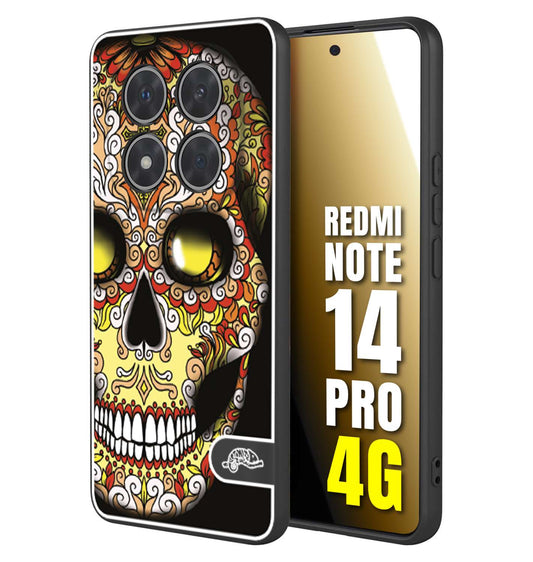 CUSTOMIZZA - Custodia cover nera morbida in tpu compatibile per Xiaomi Redmi Note 14 PRO 4G teschio messicano Mexican skull giallo rosso arancio