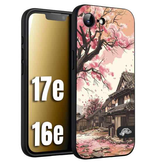 CUSTOMIZZA - Custodia cover nera morbida in tpu compatibile per iPhone 16E - 17E casa giapponese rosa ciliegio in fiore disegnata tattoo