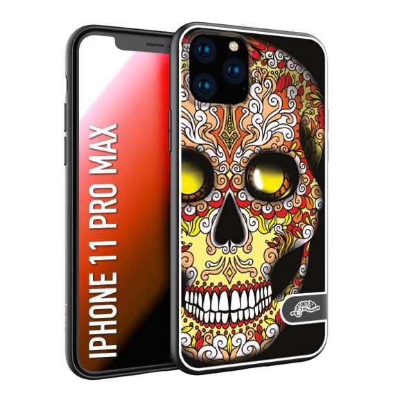 CUSTOMIZZA - Custodia cover nera morbida in tpu compatibile per iPhone 11 PRO MAX teschio messicano Mexican skull giallo rosso arancio