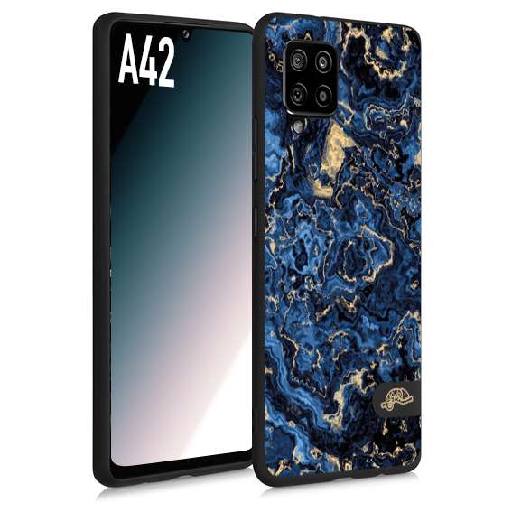 CUSTOMIZZA - Custodia cover nera morbida in tpu compatibile per Samsung A42 effetto marmo marble blu venature dorato psichedelico