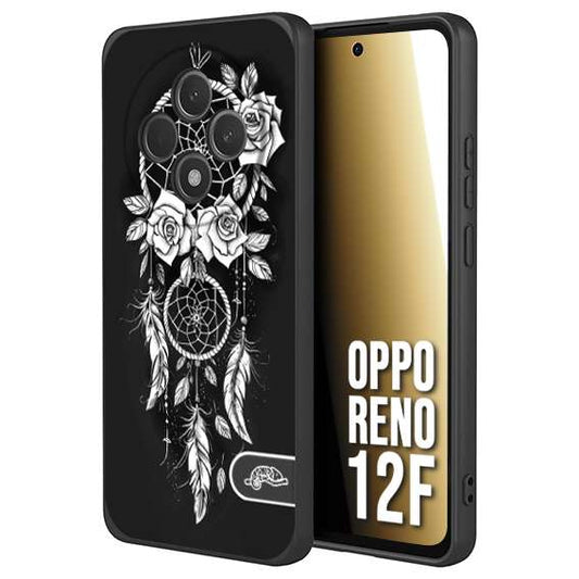 CUSTOMIZZA - Custodia cover nera morbida in tpu compatibile per Oppo Reno 12F acchiappasogni dreamcatcher black and white bianco a rilievo disegnato tattoo tatuaggio