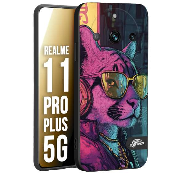 CUSTOMIZZA - Custodia cover nera morbida in tpu compatibile per Realme 11 PRO PLUS 5G animali cyberpunk pantera street cat fucsia blu giallo