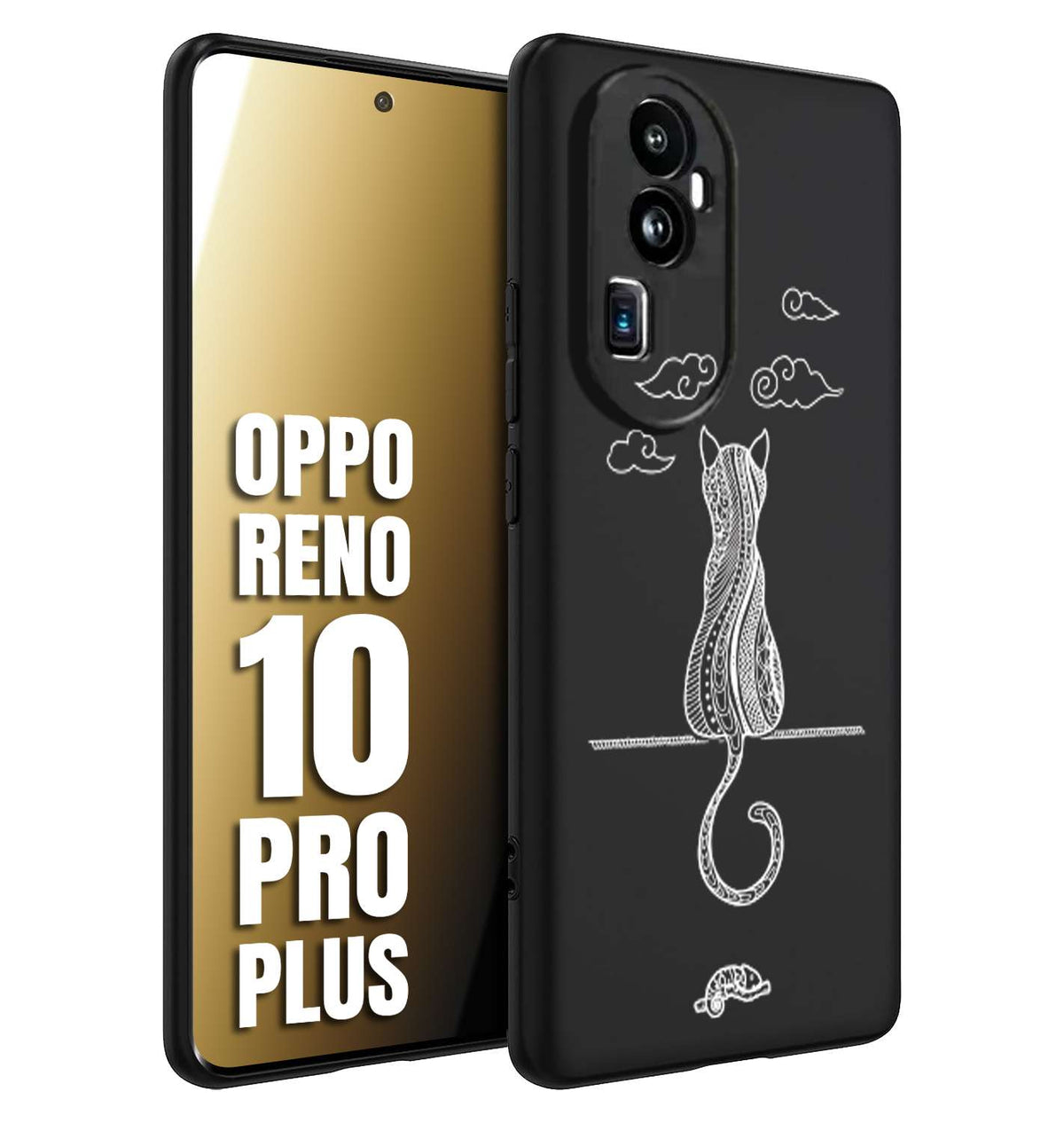 CUSTOMIZZA - Custodia cover nera morbida in tpu compatibile per Oppo Reno 10 PRO PLUS gatto mandala stilizzato gattino a rilievo soft touch donna bianca