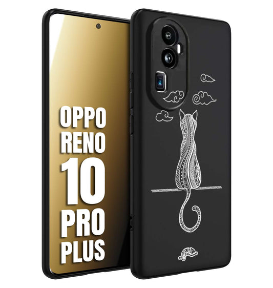 CUSTOMIZZA - Custodia cover nera morbida in tpu compatibile per Oppo Reno 10 PRO PLUS gatto mandala stilizzato gattino a rilievo soft touch donna bianca