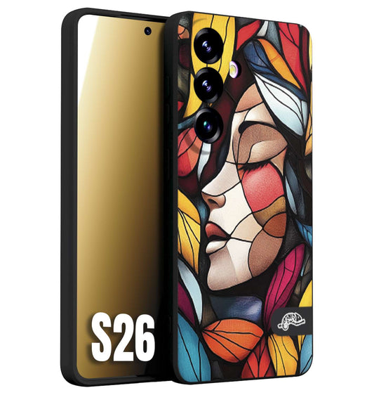 CUSTOMIZZA - Custodia cover nera morbida in tpu compatibile per Samsung S26 Vetrata artistica volto di donna profilo fogliare mosaico di vetro colorato