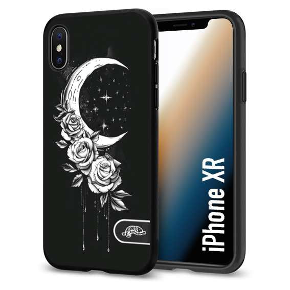 CUSTOMIZZA - Custodia cover nera morbida in tpu compatibile per iPhone Xr luna e fiori moon flowers black and white bianco a rilievo disegnato tattoo tatuaggio