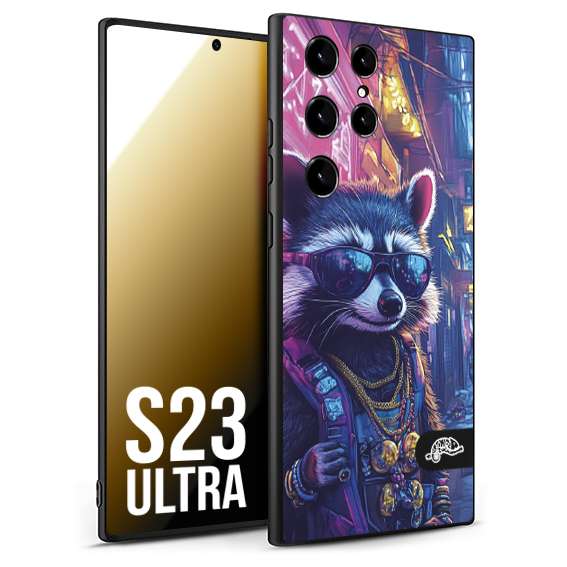 CUSTOMIZZA - Custodia cover nera morbida in tpu compatibile per Samsung S23 ULTRA animali simpatici cyberpunk procione racoon street cat fucsia blu giallo