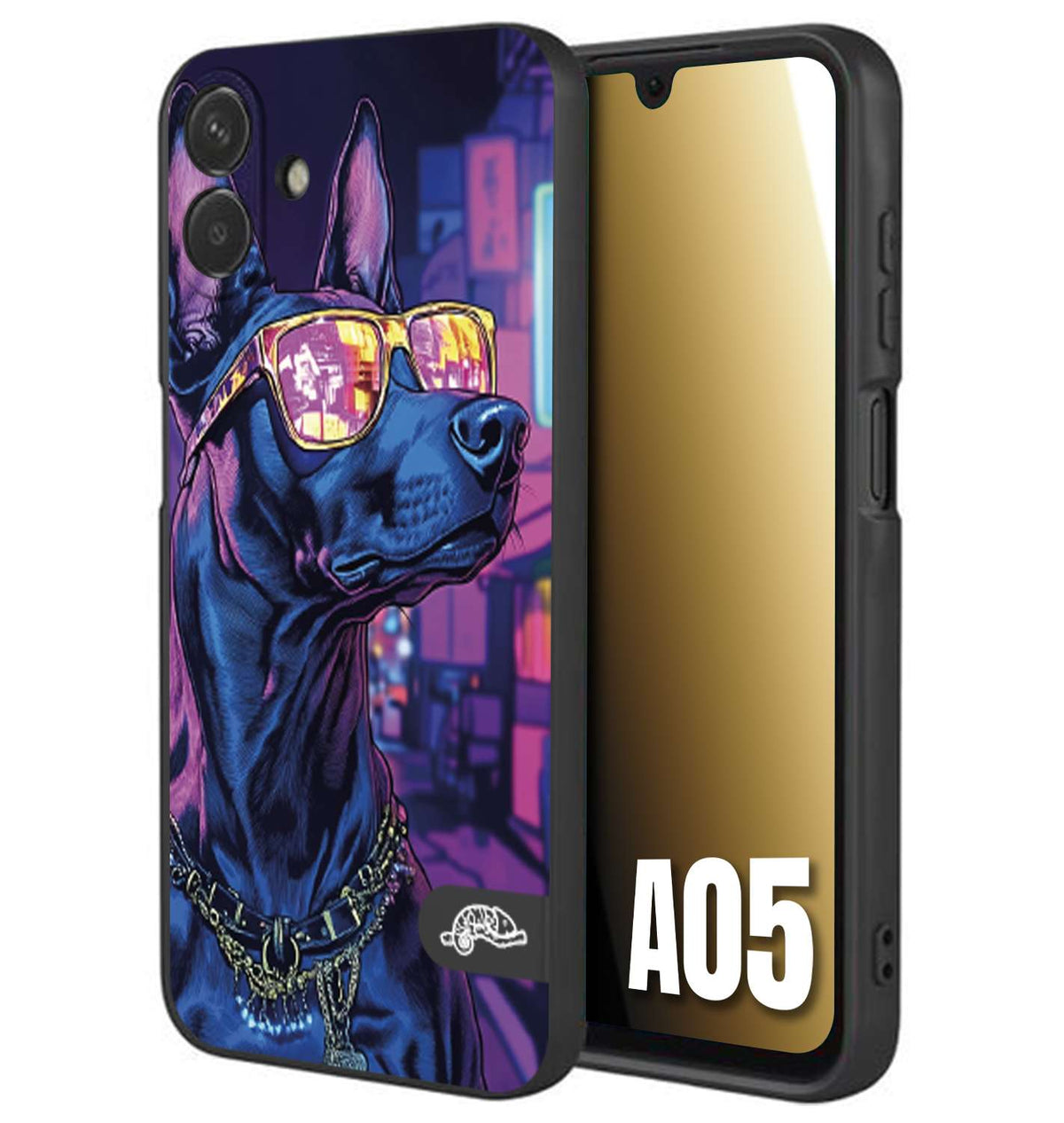 CUSTOMIZZA - Custodia cover nera morbida in tpu compatibile per Samsung A05 animali cyberpunk dobermann cane street dog fucsia blu night