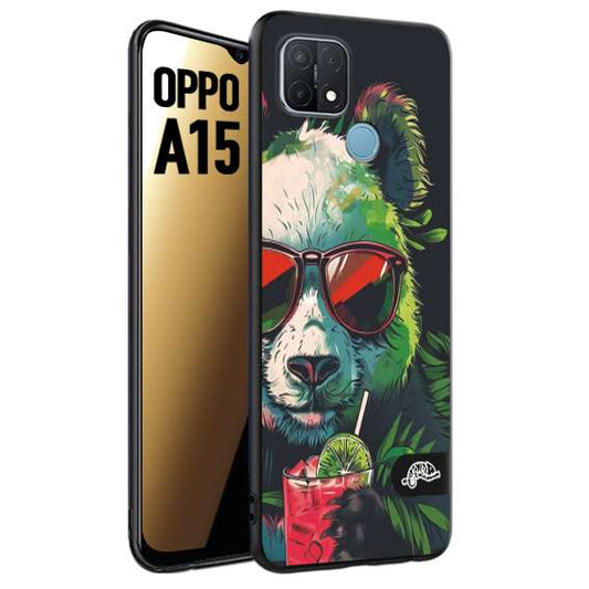 CUSTOMIZZA - Custodia cover nera morbida in tpu compatibile per Oppo A15 estate disegnata cocktails animali simpatici panda mojito